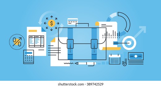 Flat line design website banner of business, finance, bookkeeping, accounting. Modern vector illustration for web design, marketing and print material.