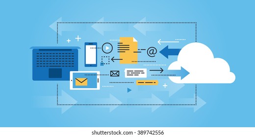 Flat Line Design Website Banner Of Cloud Computing, Data Storage. Modern Vector Illustration For Web Design, Marketing And Print Material.