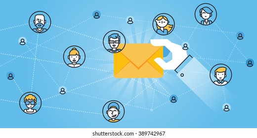 Flat line design website banner of e-mail services, e-mail protection, anti-malware app. Modern vector illustration for web design, marketing and print material.