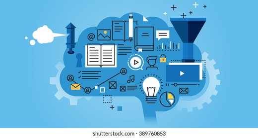 Flat line design website banner of education, learning process, brainstorming, generation of knowledge. Modern vector illustration for web design, marketing and print material.