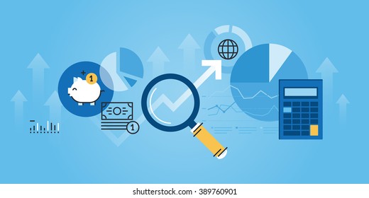 Flat line design website banner of financial analysis, planning and strategy, financial report, financial market research. Modern vector illustration for web design, marketing and print material.
