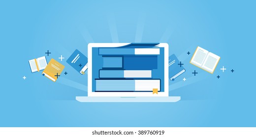 Flat line design website banner of e-learning, e-book, online education. Modern vector illustration for web design, marketing and print material.