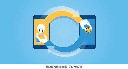 Flat line design website banner of online business, m-commerce, crowdfunding. Modern vector illustration for web design, marketing and print material.