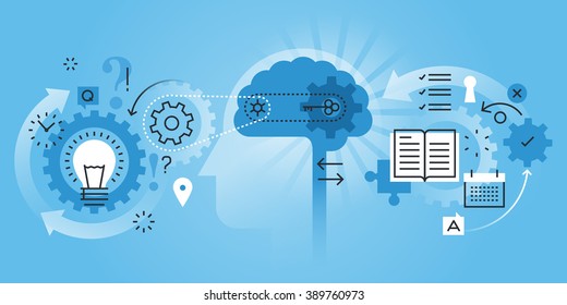 Flat line design website banner of learning process, brain process, creativity, innovation, learn to think. Modern vector illustration for web design, marketing and print material.
