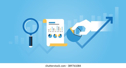 Flat line design website banner of business research and analysis. Modern vector illustration for web design, marketing and print material.