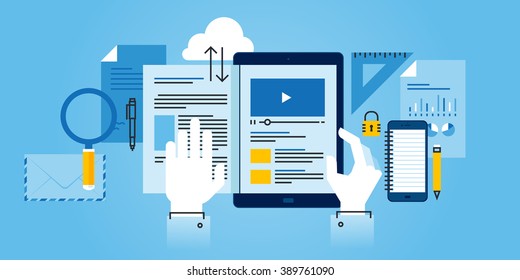 Flat line design website banner of e-learning. Modern vector illustration for web design, marketing and print material.