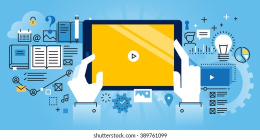 Flat line design website banner of online education, video tutorials, online training and courses. Modern vector illustration for web design, marketing and print material.