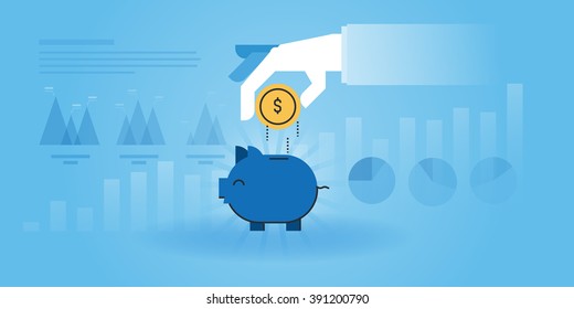 Flat line design website banner of banking, saving money, investment. Modern vector illustration for web design, marketing and print material.