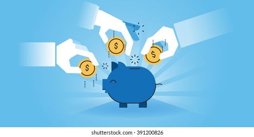 Flat line design website banner of family savings, banking, saving money, investment. Modern vector illustration for web design, marketing and print material.