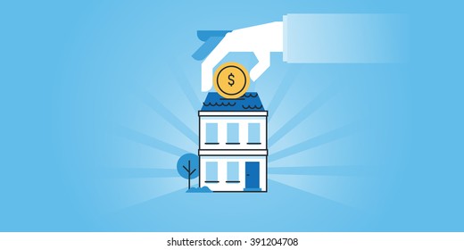 Flat line design website banner of housing loans, banking, saving money for a real estate, investment. Modern vector illustration for web design, marketing and print material.