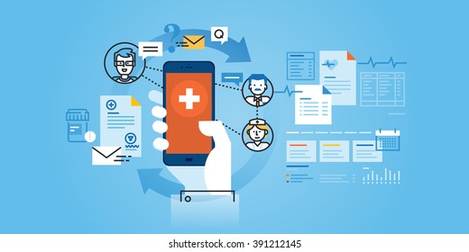 Flat Line Design Website Banner Of Healthcare Mobile App. Modern Vector Illustration For Web Design, Marketing And Print Material.