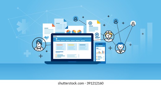 Flat line design website banner of health plan management solutions. Modern vector illustration for web design, marketing and print material.