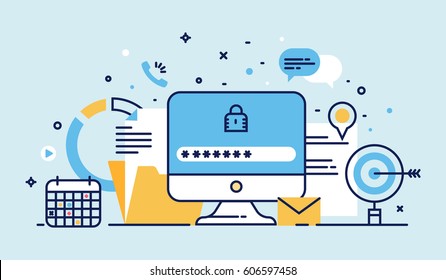 Banner de site de design de linha plana de segurança on-line, proteção de dados, software antivírus, computação em nuvem. Ilustração vetorial moderna para web design, marketing e material impresso.
