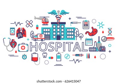 Flat line design website banner of health care, clinic and hospital facilities. Modern vector illustration for web design, marketing and print material.