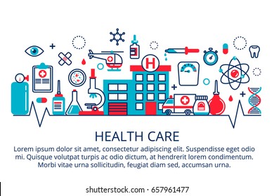 Flat Line Design Website Banner Of Health Care, Clinic And Hospital Facilities. Modern Vector Illustration For Web Design, Marketing And Print Material.