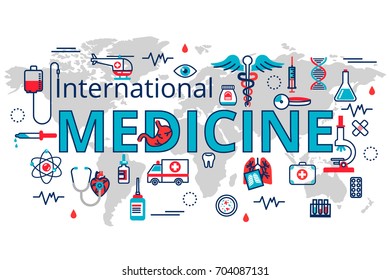 Flat line design website banner of health care, clinic and hospital facilities.International medicine concept. Modern vector illustration for web design, marketing and print material.