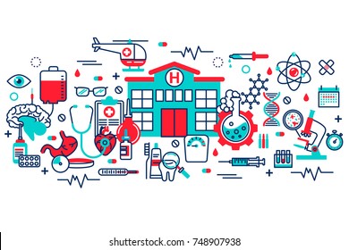 Flat line design website banner of health care, clinic and hospital facilities. Modern vector illustration for web design, marketing and print material.