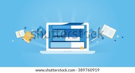 Flat line design website banner of e-learning, e-book, online education. Modern vector illustration for web design, marketing and print material.