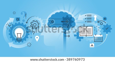 Flat line design website banner of learning process, brain process, creativity, innovation, learn to think. Modern vector illustration for web design, marketing and print material.