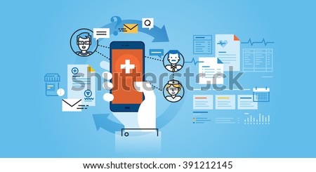 Flat line design website banner of healthcare mobile app. Modern vector illustration for web design, marketing and print material.