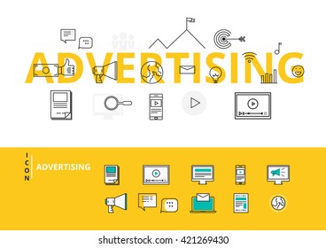 Flat line design word ADVERTISING with icons and elements. Advertising concept. Can be used for book cover, report header, presentation,infographics, printing, website banner. Vector Illustration.