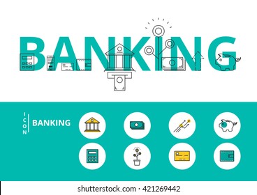Flat line design word BANKING concept with icons and elements. Can be used for book cover, report header, presentation,infographics, printing, website banner. Vector Illustration.