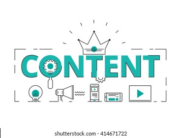 Flat line design word content concept of content digital marketing with icons and elements. Can be used for book cover, report header, presentation,infographics, printing, website banner.