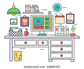 Flat line design workplace desk, creative office room interior, desktop computer on digital artist work place. Vector illustration.