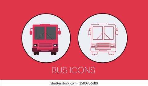 Flat and line designs of vector graphics of bus flat design and bus line icons