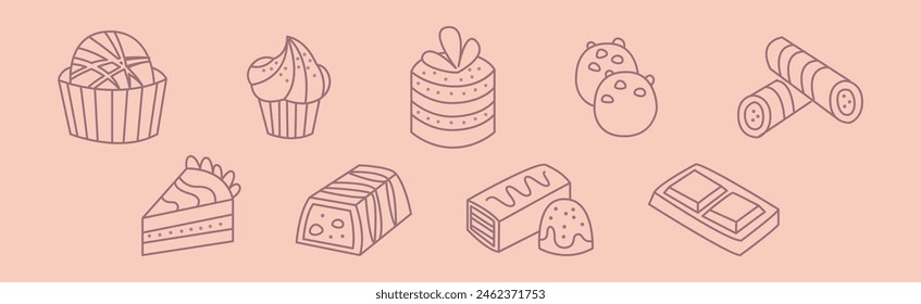 Juego de Vector de postre de línea plana y pasteles azucarados