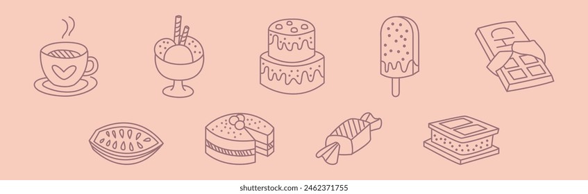 Flat Line Dessert and Sugary Pastry Treat Vector Set