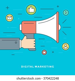 Flat line Digital Marketing Concept Vector illustration. Modern thin linear stroke vector icons. Website Header Graphics, Banner, Infographics Design, Promotional Materials. Hand Holding Megaphone.