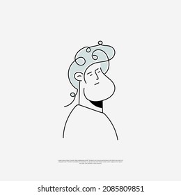 flat line doodle avatar stylish man with stylish hair in a elegant pose profile with black and white line and blue color with sketch style of beauty face with elegant and cartoon drawing logo profile