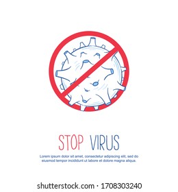 Flat line doodle medical icon with red stop sign. Bacterium isolated on white background with place for text. Design concept vector illustration of stop flu, influenza, sick, coronavirus, 2019-nCoV.