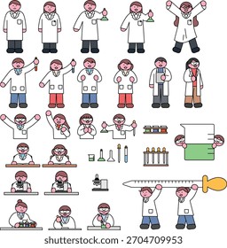 Escena de experimento de laboratorio de ciencia de dibujo de línea plana con investigadores y equipos de laboratorio