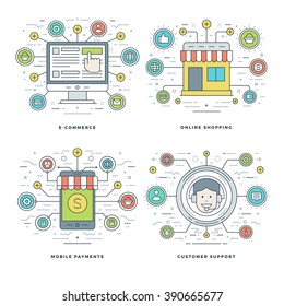 Flat line E-commerce, Mobile Payments, Customer Support, Shopping Business Concepts Set Vector illustrations. Modern thin linear stroke vector icons. Website Header Graphics, Banner, Infographics. 