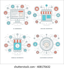Flat line E-commerce, Mobile Payments, Customer Support, Shopping Business Concepts Set Vector illustrations. Modern thin linear stroke vector icons. Website Header Graphics, Banner, Infographics. 
