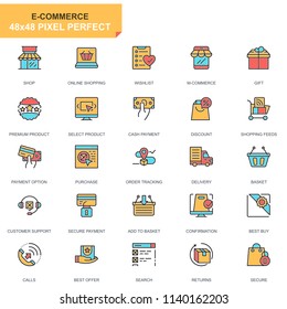 Flat line e-commerce and shopping icons set for website and mobile site and apps. Contains such Icons as Payment, Basket, Customer, Shop. 48x48 Pixel Perfect. Pictogram pack. Vector illustration.