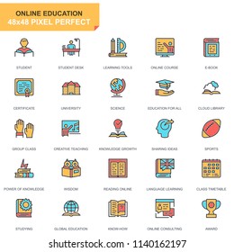 Flat line education and knowledge icons set for website and mobile site and apps. Contains such Icons as Course, University, Studying, Book. 48x48 Pixel Perfect. Pictogram pack. Vector illustration.