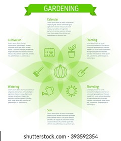 Flat line elements for Infographics. Gardening concept illustration. Components of harvest: planting, cultivation, shoveling, water, sun, calendar. Gardening tools and icons.