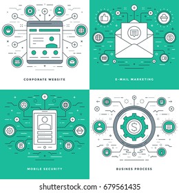 Flat line E-mail Marketing, Mobile Security, Business Process Concepts Set Vector illustrations. Modern thin linear stroke vector icons. Website Header Graphics, Banner, Infographics. 