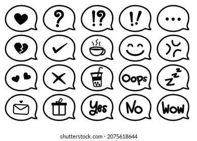 Flache Linie Emoji Icon Set. Vektor-Sprechblase. Handgezeichnete Sprachblasen mit Emoji Symbol.Emoticon Sprache Blase Symbol auf weißem Hintergrund.