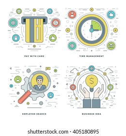 Flat line Employee Search, Payment, Time Management, Business Idea Concepts Set Vector illustrations. Modern thin linear stroke vector icons. Website Header Graphics, Banner, Infographics.