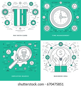 Flat line Employee Search, Payment, Time Management, Business Idea Concepts Set Vector illustrations. Modern thin linear stroke vector icons. Website Header Graphics, Banner, Infographics.