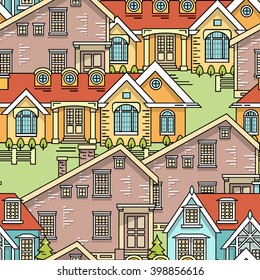 Flat line family house seamless pattern. Color vector linear illustration. Outlined stroke realty background. Poster, flyer, web banner, endless texture. Citiscape, dwelling house, building