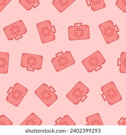 El kit de primeros auxilios de línea plana es un modelo sin fisuras. Adecuado para fondos, papel pintado, telas, textiles, papel de envoltura, materiales impresos y muchos más. Vector modificable.