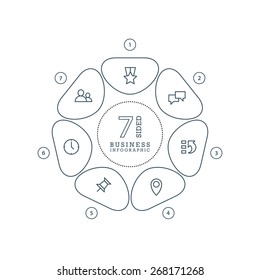 Flat line flower shaped abstract presentation infographic chart. Numbered with icons. Isolated on white background. Vector graphic template.