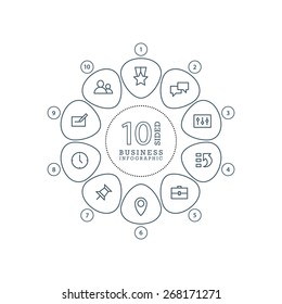 Flat line flower shaped abstract presentation infographic chart. Numbered with icons. Isolated on white background. Vector graphic template.