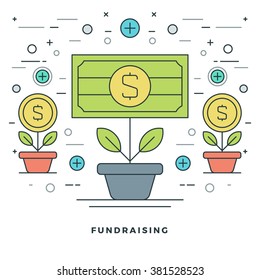 Flat line Fundraising and Financial Growth Concept Vector illustration. Modern thin linear stroke vector icons. Website Graphics, Banner, Infographics Design, Promotional Material. Money Icons.