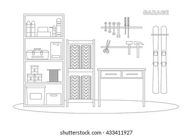 Flat line garage interior. Working place with tools in storeroom. Garage inside. Tools, worker tools, tires, hummer, boxes, shelves, skis, table in garage. Vector interior garage illustration.